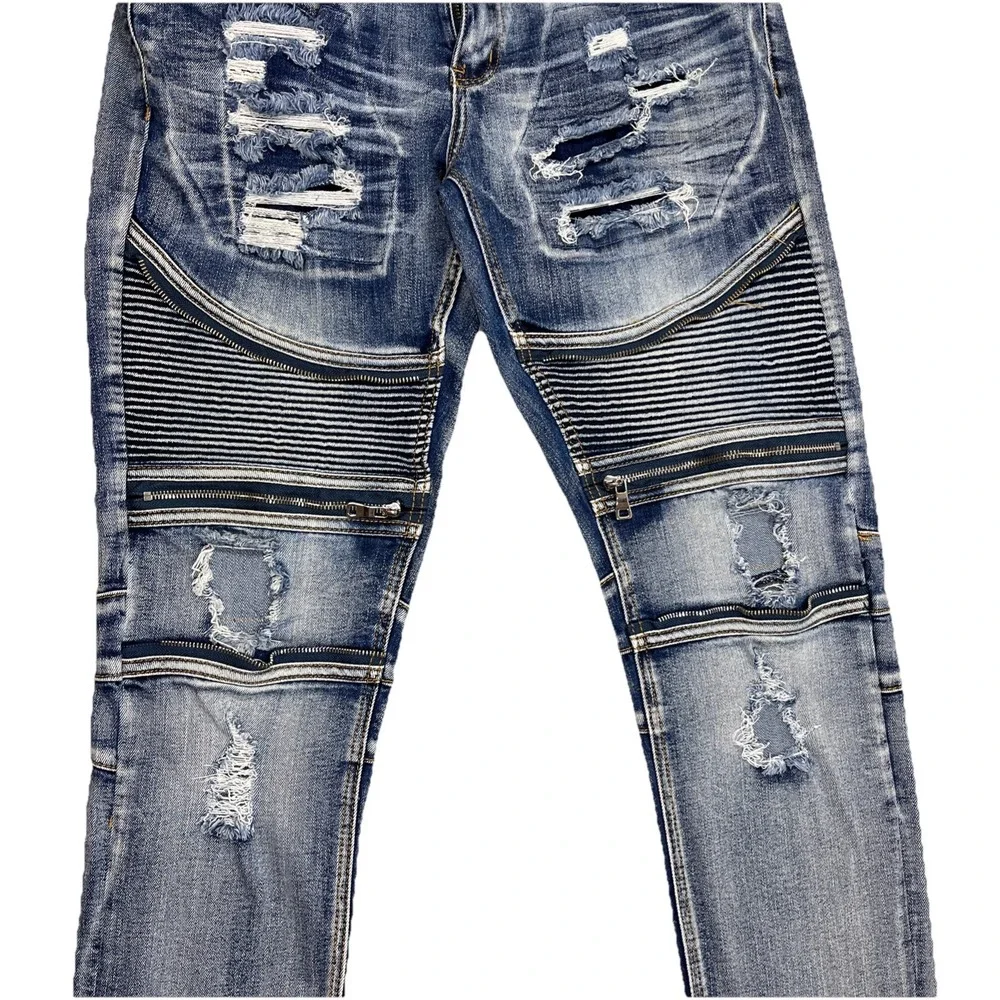 Crysp Denim Mens Mid-Rise Distressed Moto Biker Skinny Stretch‎ Jeans 36x32